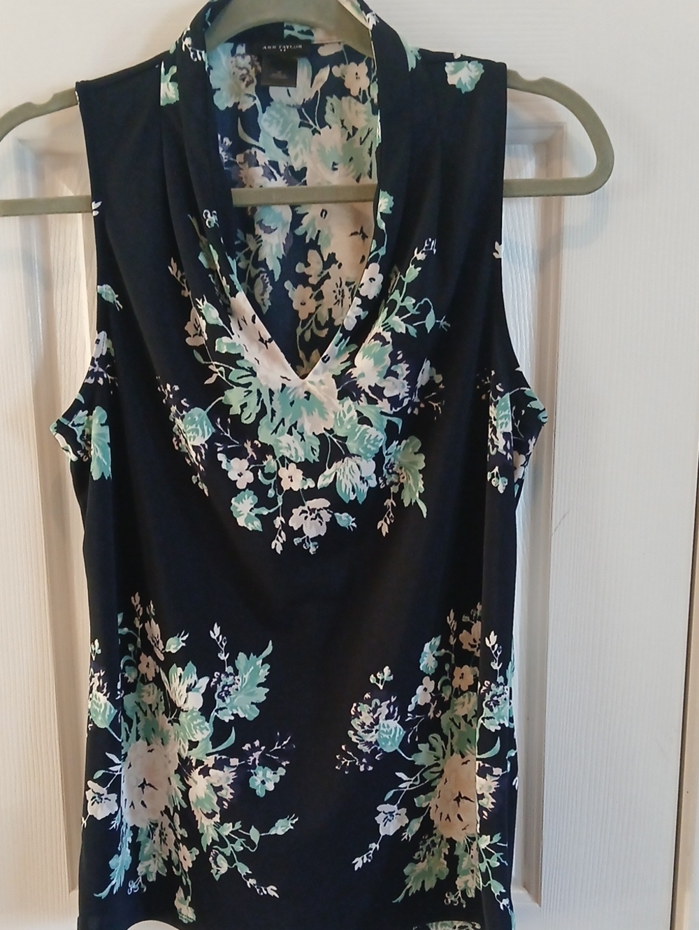 Ann Taylor Navy Sleeveless Floral Cowl Neck Camisole with Mint & White Flowers